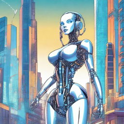 A detailed illustration of a tall robot girl with an hourglass figure