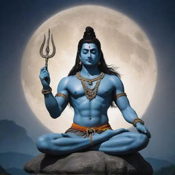 Lord Mahadev, also known as Shiva, depicted in an epic, ethereal setting with a trident, third eye and crescent moon over his hair, meditating in absolute serenity