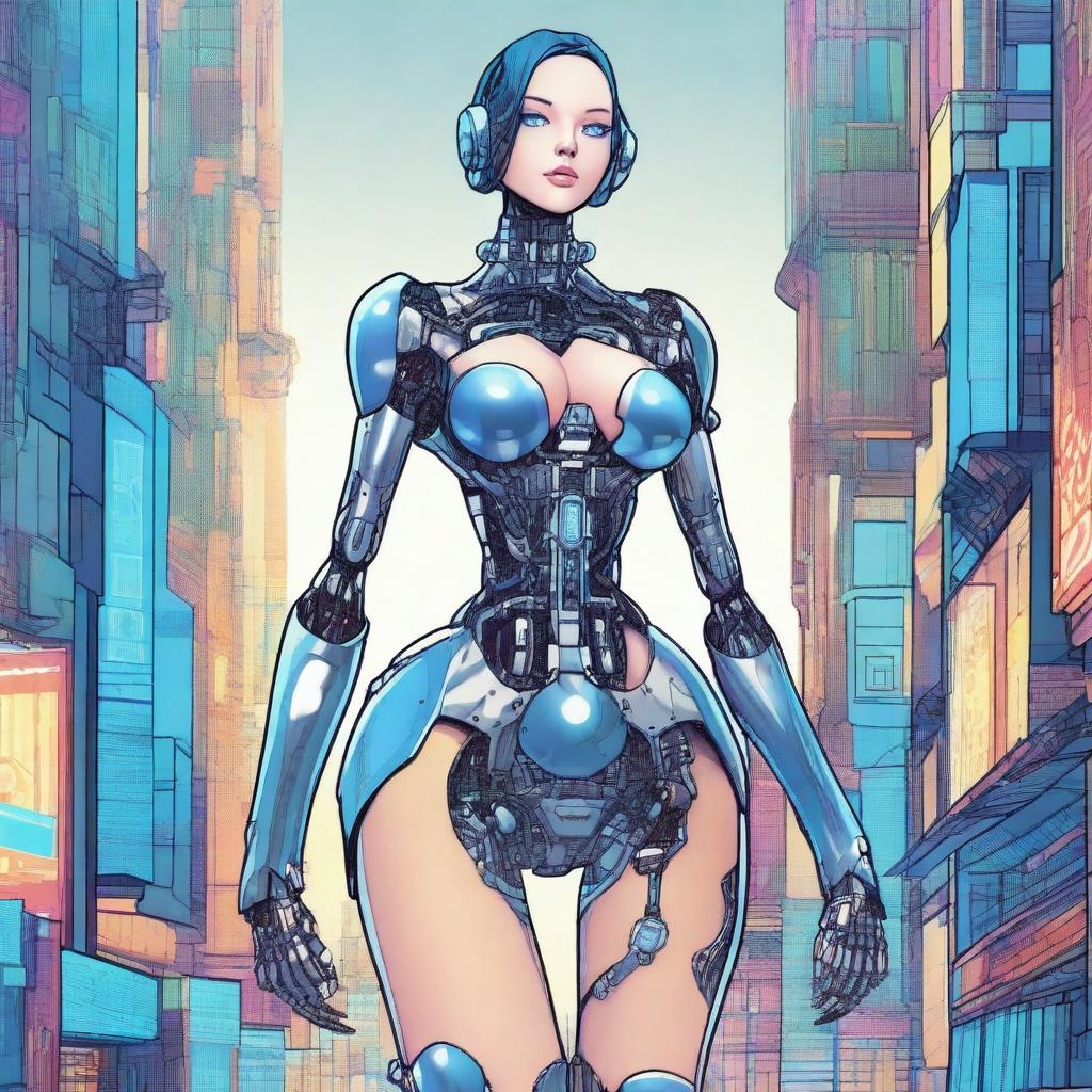 A detailed illustration of a tall robot girl with an hourglass figure