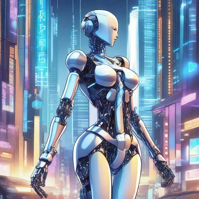 A detailed illustration of a tall robot girl with an hourglass figure