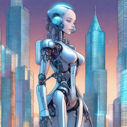 A detailed illustration of a tall robot girl with an hourglass figure