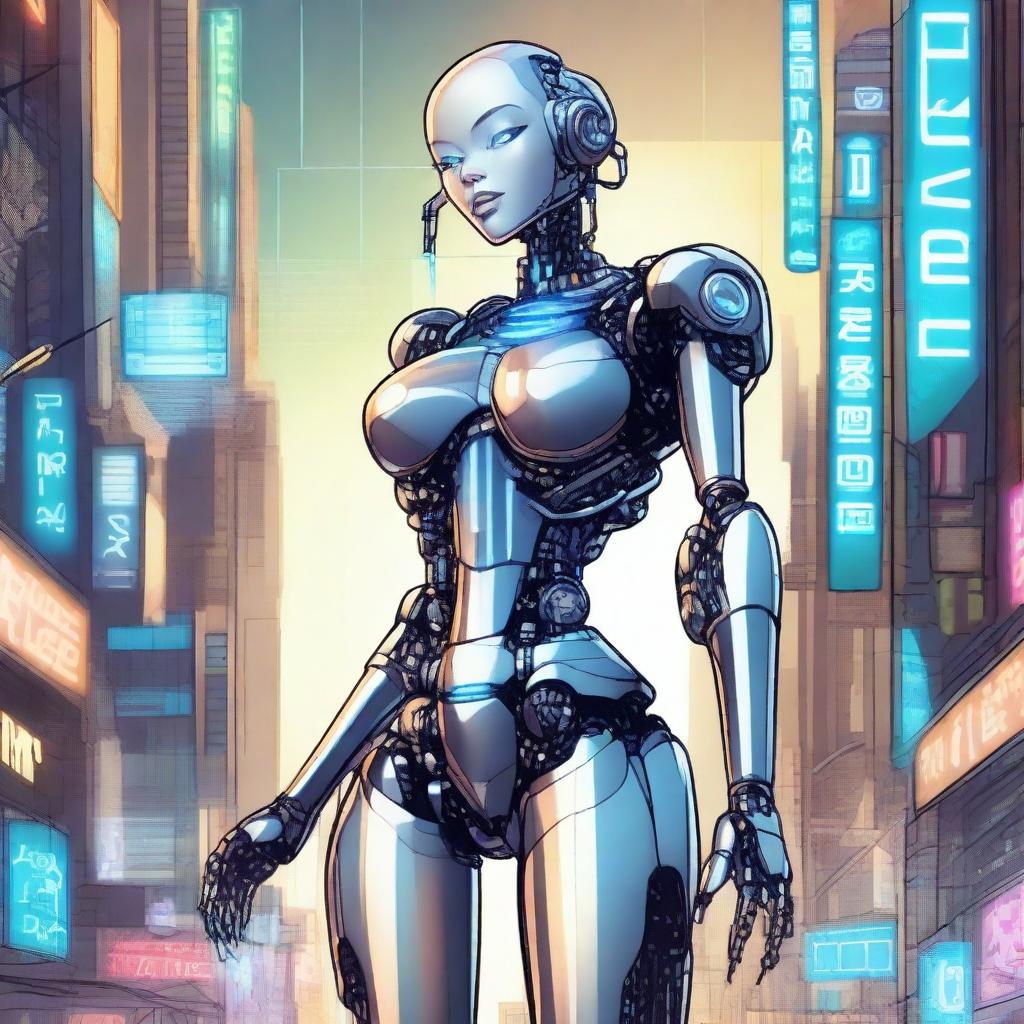 A detailed illustration of a tall robot girl with an hourglass figure