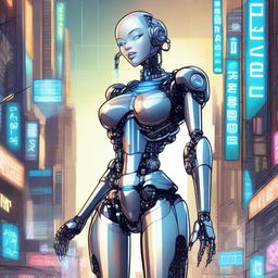 A detailed illustration of a tall robot girl with an hourglass figure