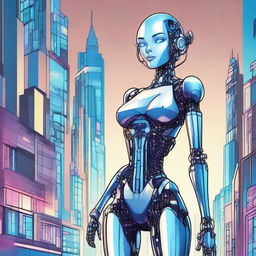 A detailed illustration of a tall robot girl with an hourglass figure