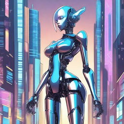 A detailed illustration of a tall robot girl with an hourglass figure