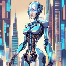 A detailed illustration of a tall robot girl with an hourglass figure