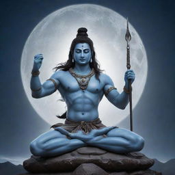 Lord Mahadev, also known as Shiva, depicted in an epic, ethereal setting with a trident, third eye and crescent moon over his hair, meditating in absolute serenity