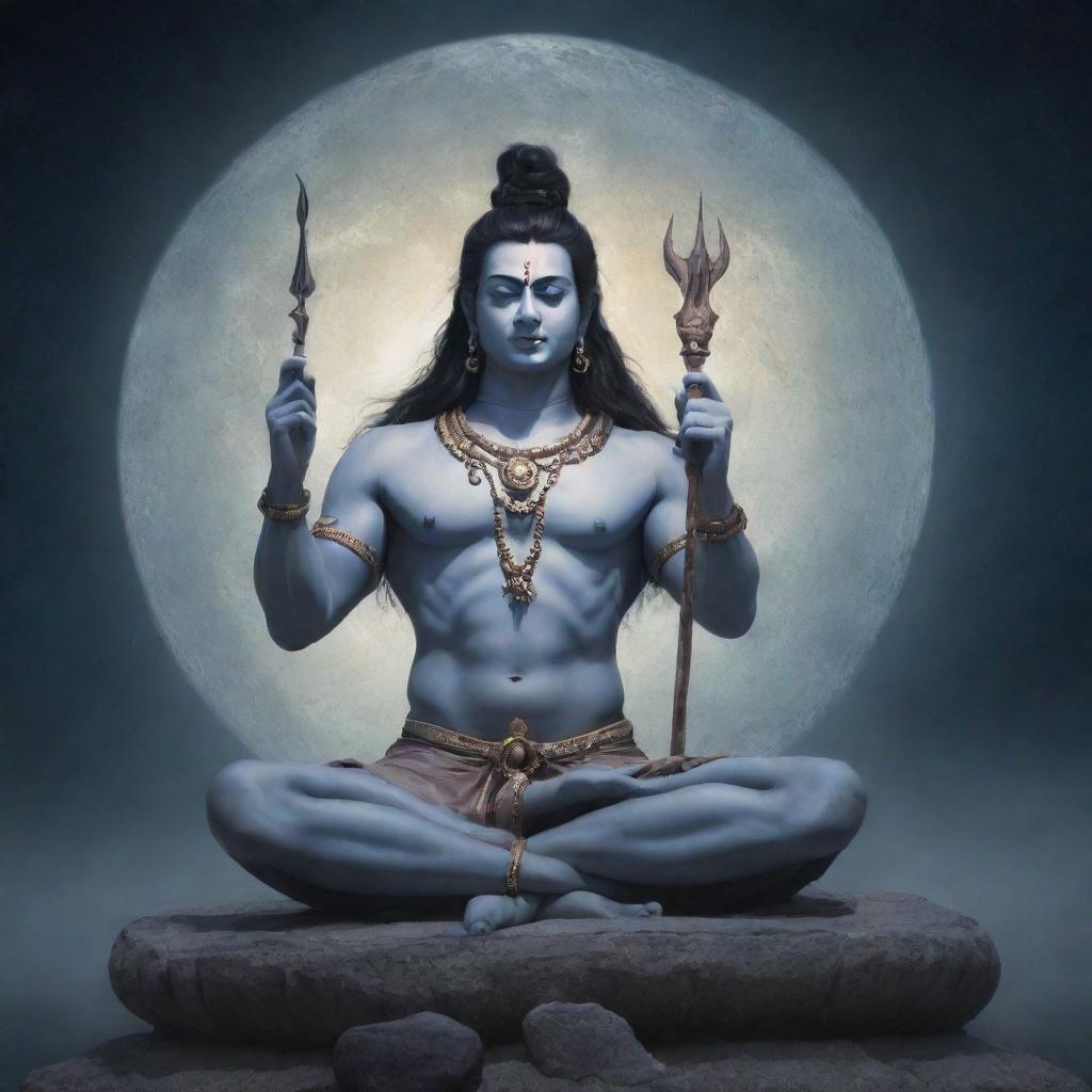 Lord Mahadev, also known as Shiva, depicted in an epic, ethereal setting with a trident, third eye and crescent moon over his hair, meditating in absolute serenity