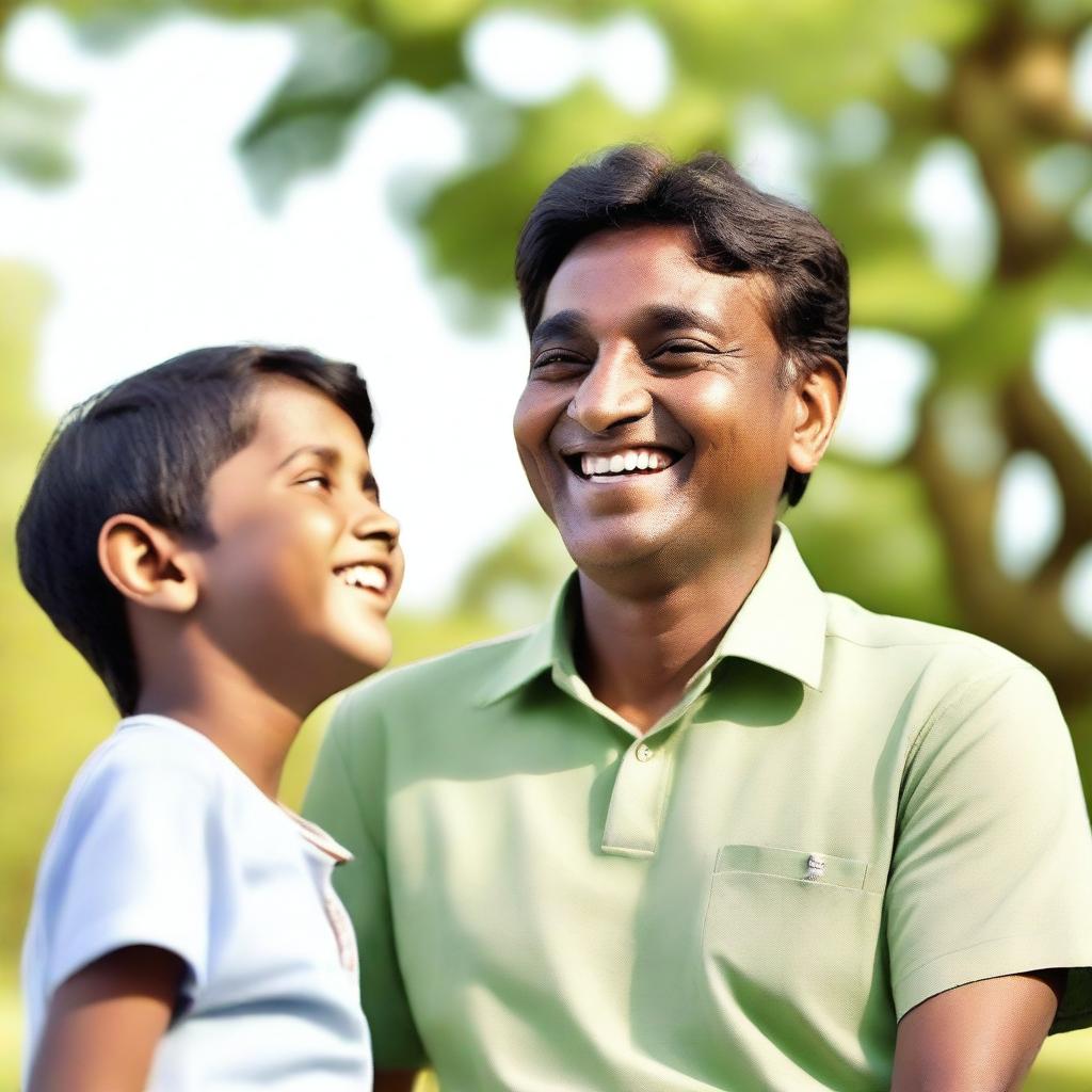 A heartwarming scene of an Indian boy smiling happily with his father