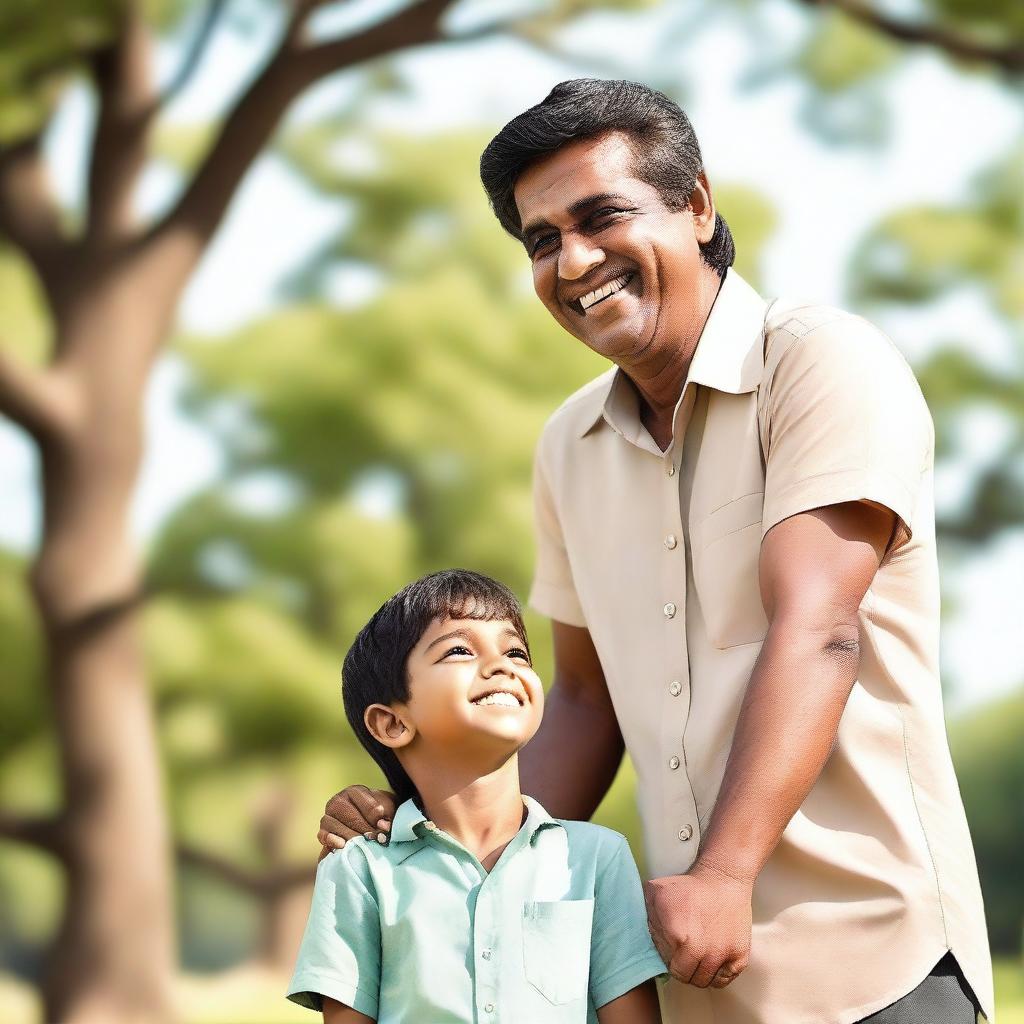 A heartwarming scene of an Indian boy smiling happily with his father