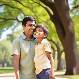 A heartwarming scene of an Indian boy smiling happily with his father