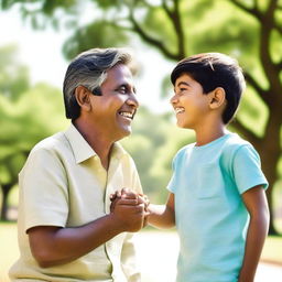 A heartwarming scene of an Indian boy smiling happily with his father