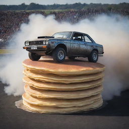 The grungy drift car now astonishingly balanced on top of an enormous, fluffy pancake. It's a surreal scene that brings together speed and indulgence in the most unexpected way.