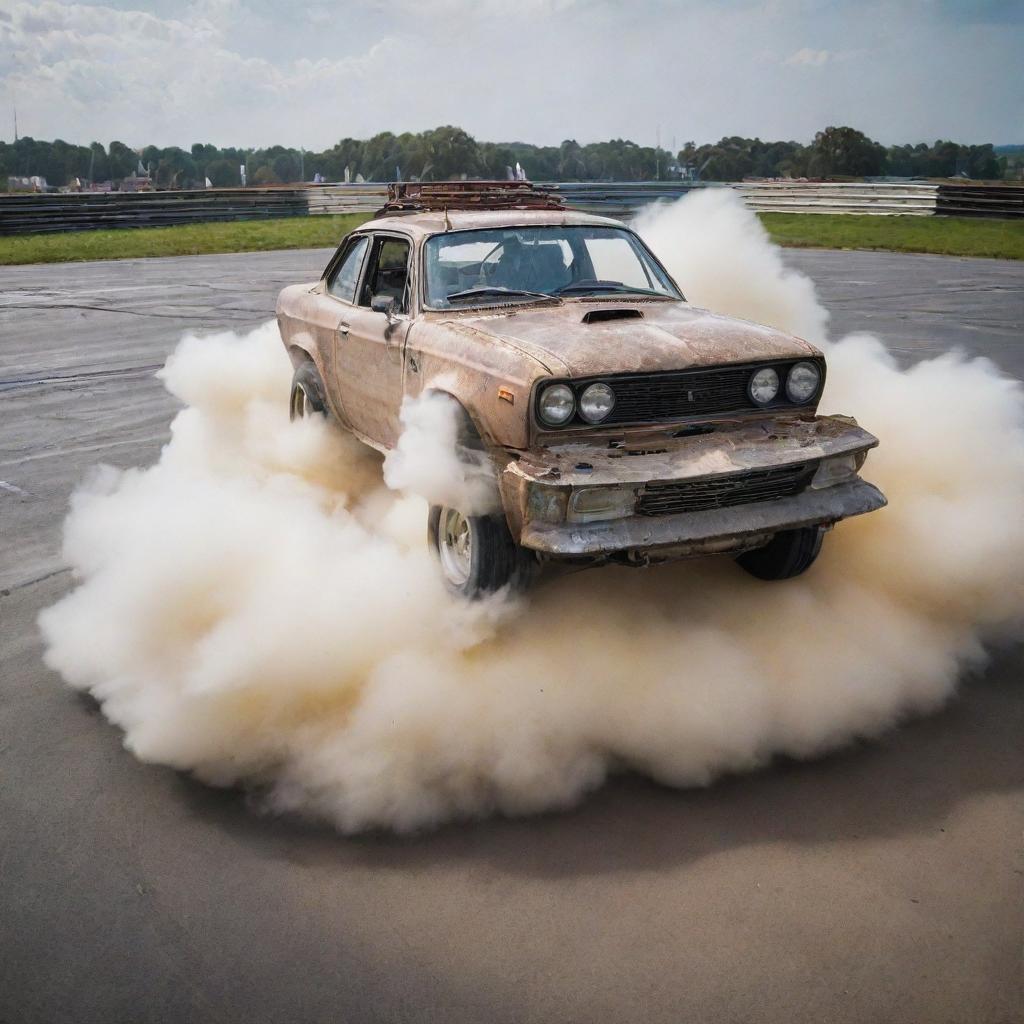 The grungy drift car now astonishingly balanced on top of an enormous, fluffy pancake. It's a surreal scene that brings together speed and indulgence in the most unexpected way.