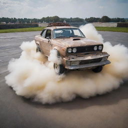 The grungy drift car now astonishingly balanced on top of an enormous, fluffy pancake. It's a surreal scene that brings together speed and indulgence in the most unexpected way.