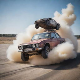 The grungy drift car now astonishingly balanced on top of an enormous, fluffy pancake. It's a surreal scene that brings together speed and indulgence in the most unexpected way.