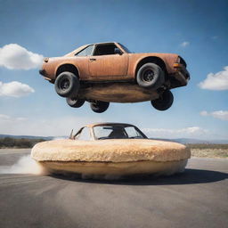 The grungy drift car now astonishingly balanced on top of an enormous, fluffy pancake. It's a surreal scene that brings together speed and indulgence in the most unexpected way.