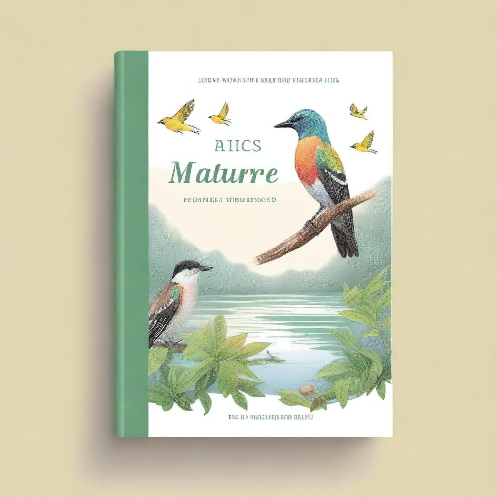 Create a nonfiction book cover titled 'Nature Sense' that features a serene natural landscape with various birds