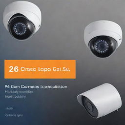 A professional CCTV camera installation ad with sleek cameras, vibrant design elements, proclamations of high quality service, 24/7 protection and a contact call to action.