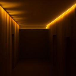 A room with a dark interior illuminated by warm yellow lights.