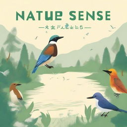 Create a nonfiction book cover titled 'Nature Sense' that features a serene natural landscape with various birds