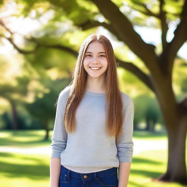 A teenage girl with a friendly smile, wearing casual clothes