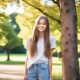 A teenage girl with a friendly smile, wearing casual clothes