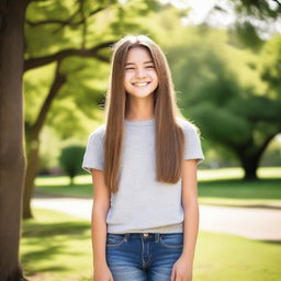 A teenage girl with a friendly smile, wearing casual clothes