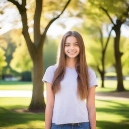 A teenage girl with a friendly smile, wearing casual clothes