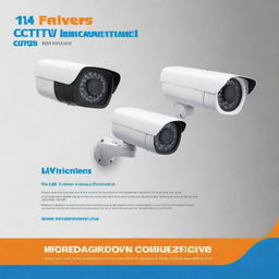 A professional CCTV camera installation ad with sleek cameras, vibrant design elements, proclamations of high quality service, 24/7 protection and a contact call to action.