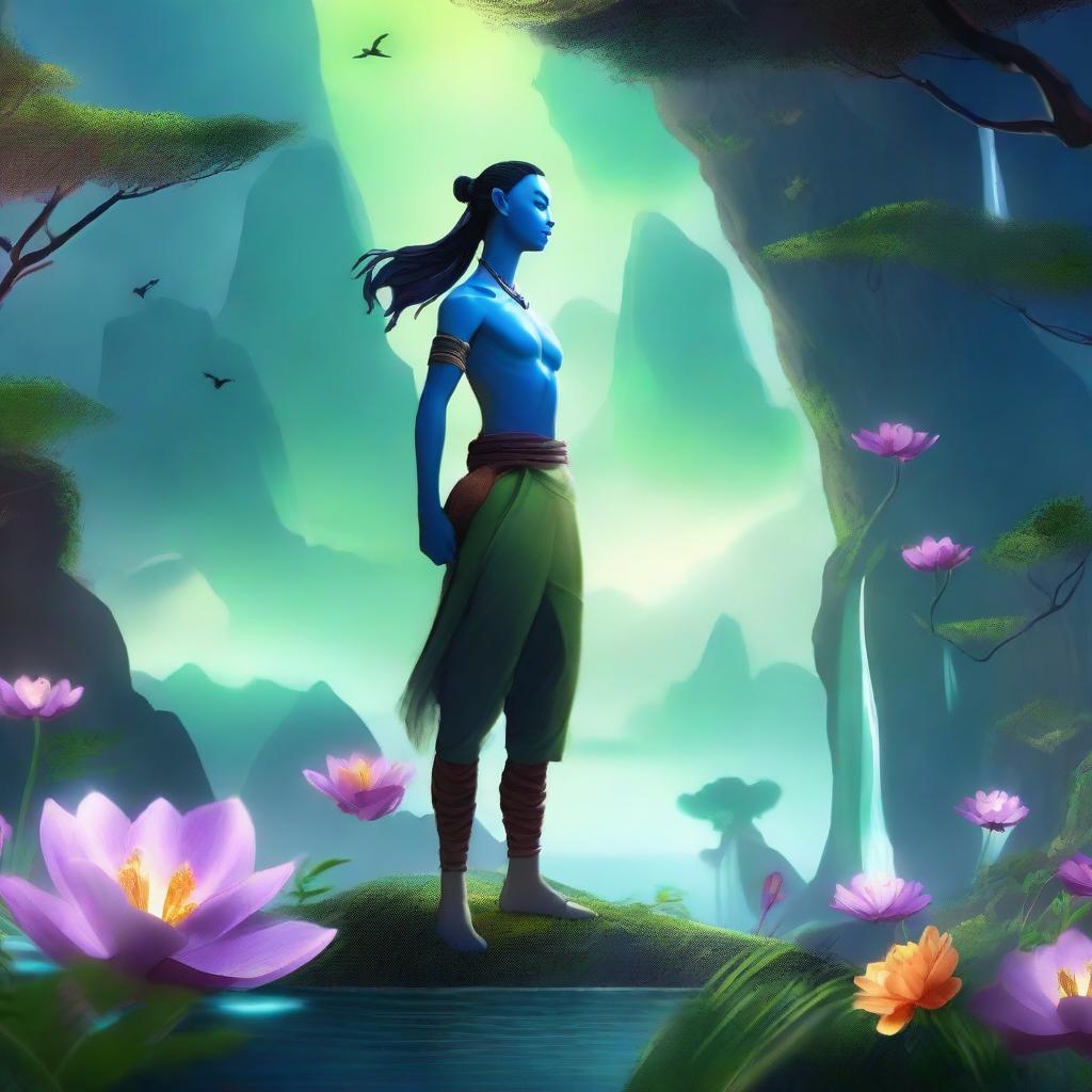 Create a visually stunning image of a character from the Avatar universe, featuring the character in a lush, vibrant, and mystical environment with floating mountains and glowing flora