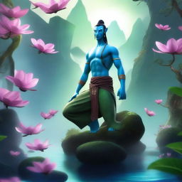 Create a visually stunning image of a character from the Avatar universe, featuring the character in a lush, vibrant, and mystical environment with floating mountains and glowing flora