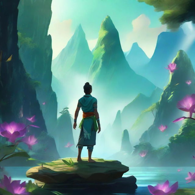 Create a visually stunning image of a character from the Avatar universe, featuring the character in a lush, vibrant, and mystical environment with floating mountains and glowing flora