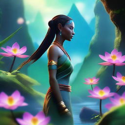 Create a visually stunning image of a character from the Avatar universe, featuring the character in a lush, vibrant, and mystical environment with floating mountains and glowing flora