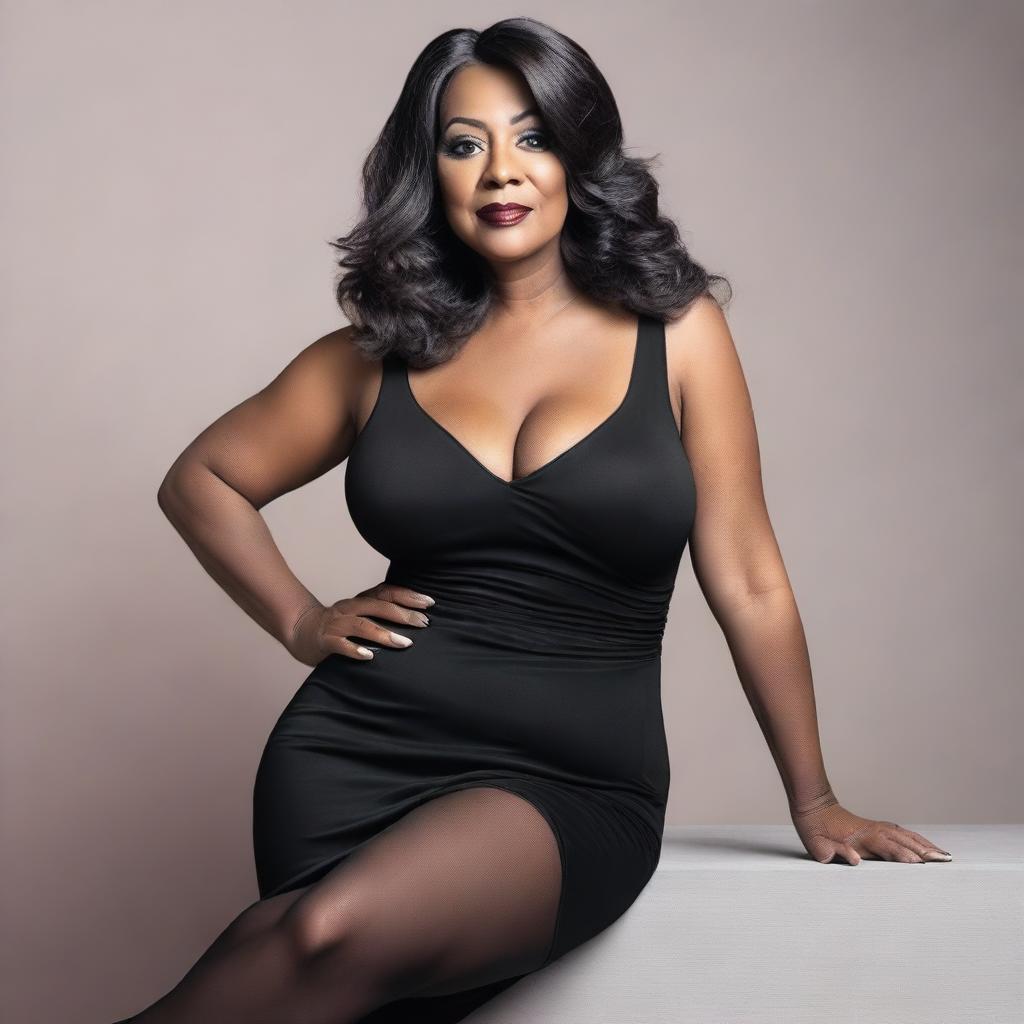 A very realistic photo of a 50-year-old woman in a black dress with large breasts, wearing sheer black pantyhose and high heels