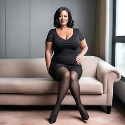 A very realistic photo of a 50-year-old woman in a black dress with large breasts, wearing sheer black pantyhose and high heels