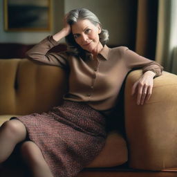 An ultra-realistic landscape photo of a 50-year-old woman wearing a tweed skirt and an unbuttoned blouse