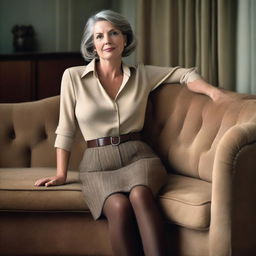 An ultra-realistic landscape photo of a 50-year-old woman wearing a tweed skirt and an unbuttoned blouse