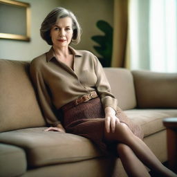 An ultra-realistic landscape photo of a thin 50-year-old woman wearing a tweed skirt and an unbuttoned blouse