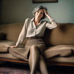 An ultra-realistic landscape photo of a thin 50-year-old woman wearing a tweed skirt and an unbuttoned blouse