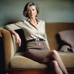 An ultra-realistic landscape photo of a thin 50-year-old woman wearing a tweed skirt and an unbuttoned blouse