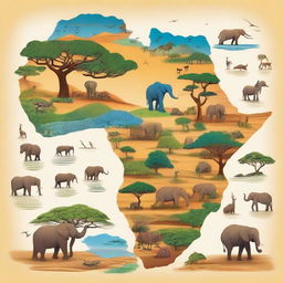 A detailed and vibrant illustration of the African continent, showcasing its diverse landscapes, wildlife, and cultures