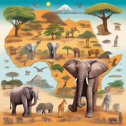 A detailed and vibrant illustration of the African continent, showcasing its diverse landscapes, wildlife, and cultures