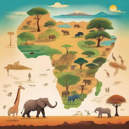 A detailed and vibrant illustration of the African continent, showcasing its diverse landscapes, wildlife, and cultures