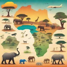 A detailed and vibrant illustration of the African continent, showcasing its diverse landscapes, wildlife, and cultures