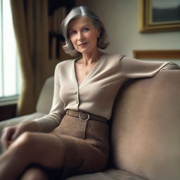 An ultra-realistic landscape photo of a thin 50-year-old woman wearing a tweed skirt and an unbuttoned blouse that shows cleavage