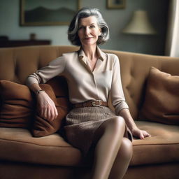 An ultra-realistic landscape photo of a thin 50-year-old woman wearing a tweed skirt and an unbuttoned blouse that shows cleavage