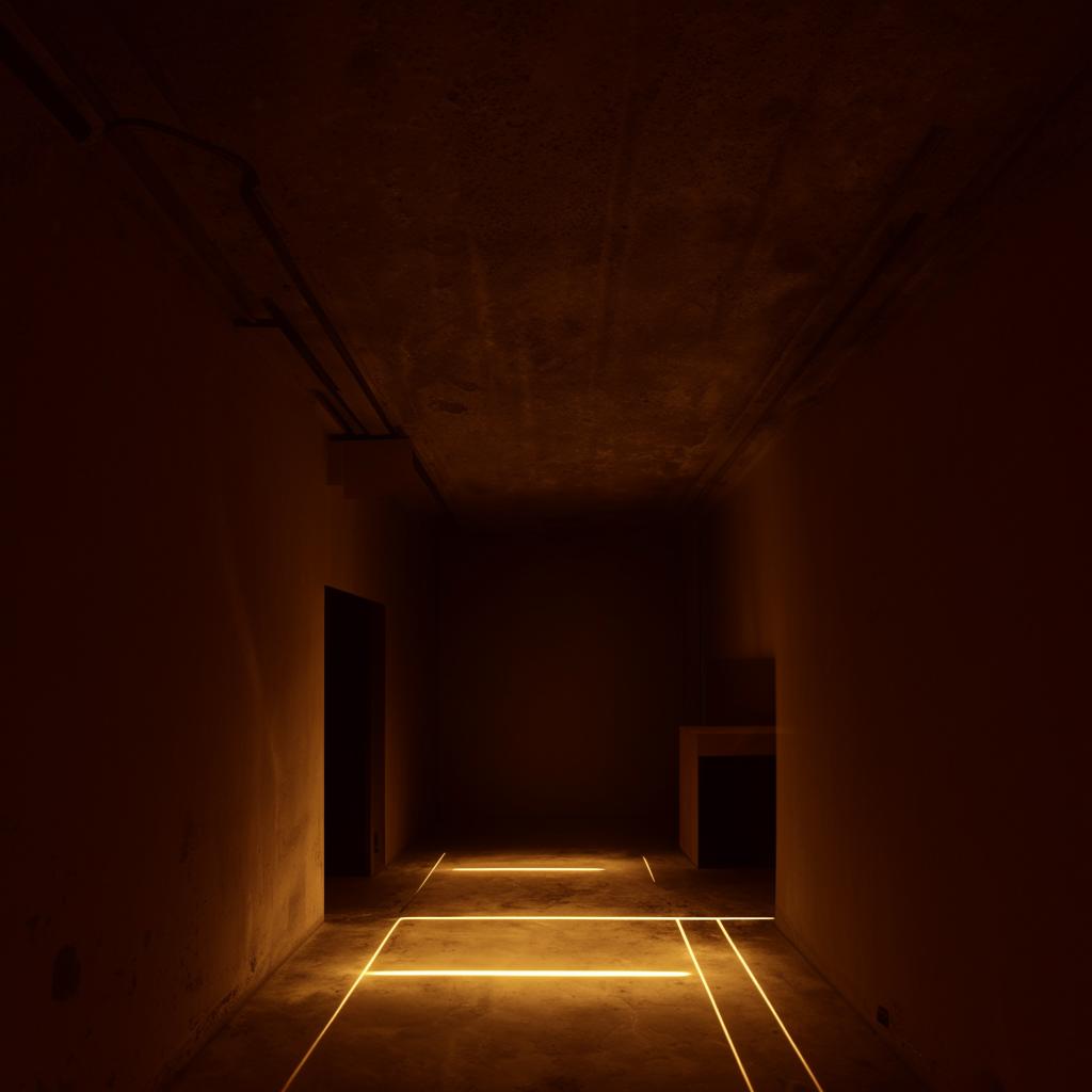 A room with a dark interior illuminated by warm yellow lights.