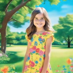 A detailed image of a young girl standing in a park