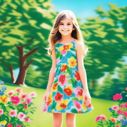 A detailed image of a young girl standing in a park